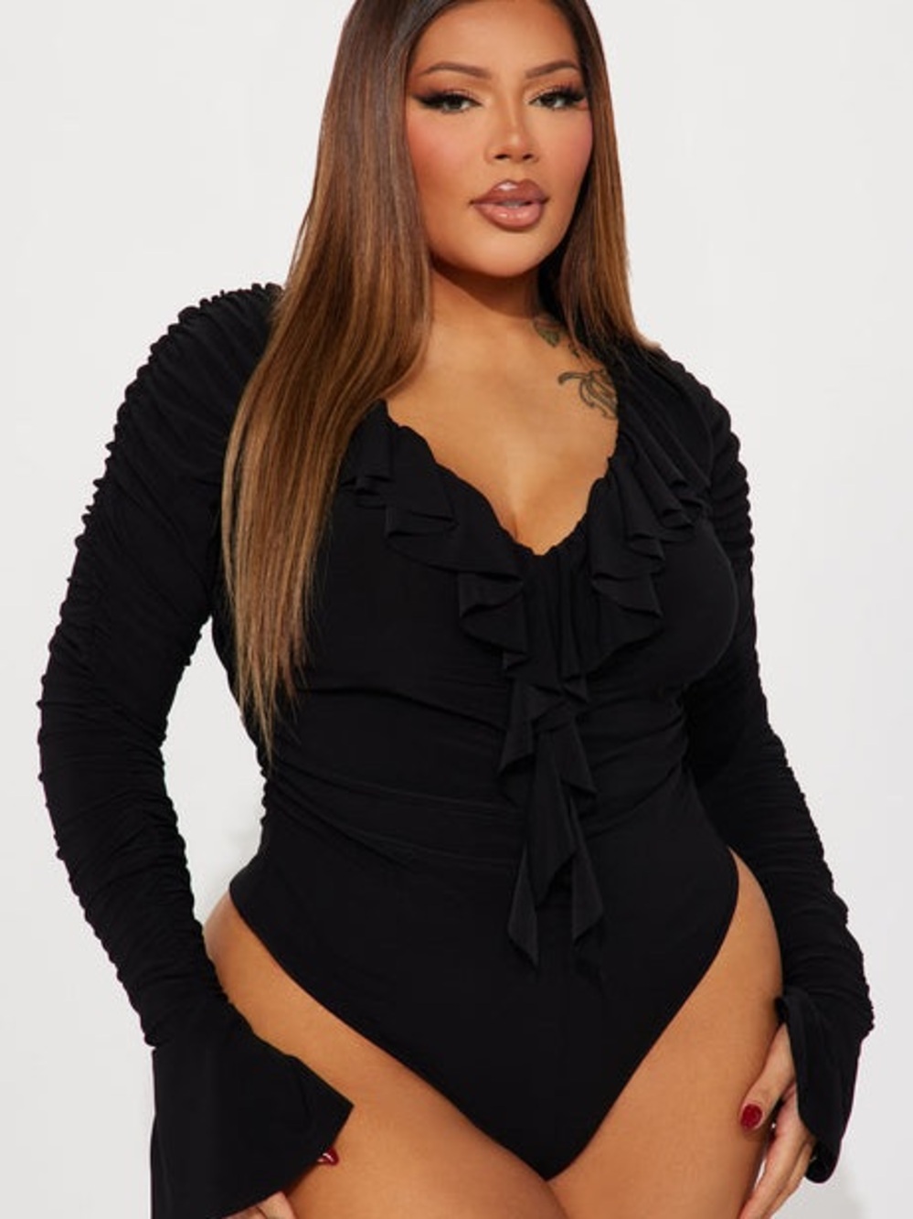 Fashion Nova Black Ruffle V-Neck Long Sleeve Bodysuit